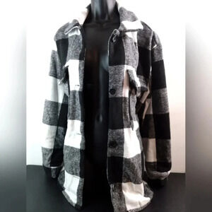 Black White Color Block Women's Fleece Button Up Blazer Jacket